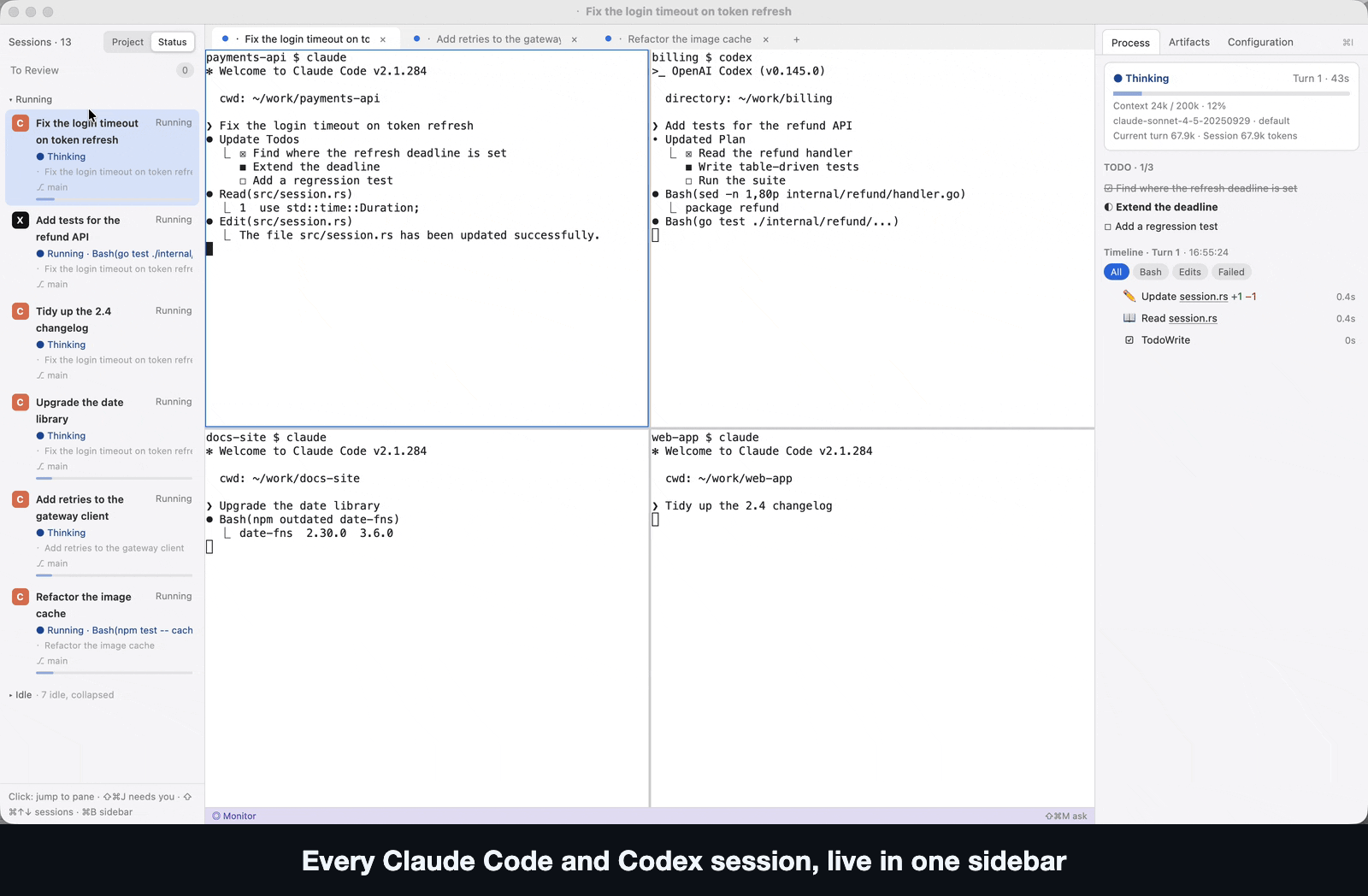 A 44-second tour: sessions changing state in the sidebar, jumping to the one that needs you, per-turn diffs, file search with rendered Markdown and Mermaid, Session Center, the Monitor, asking the Monitor, and switching themes.