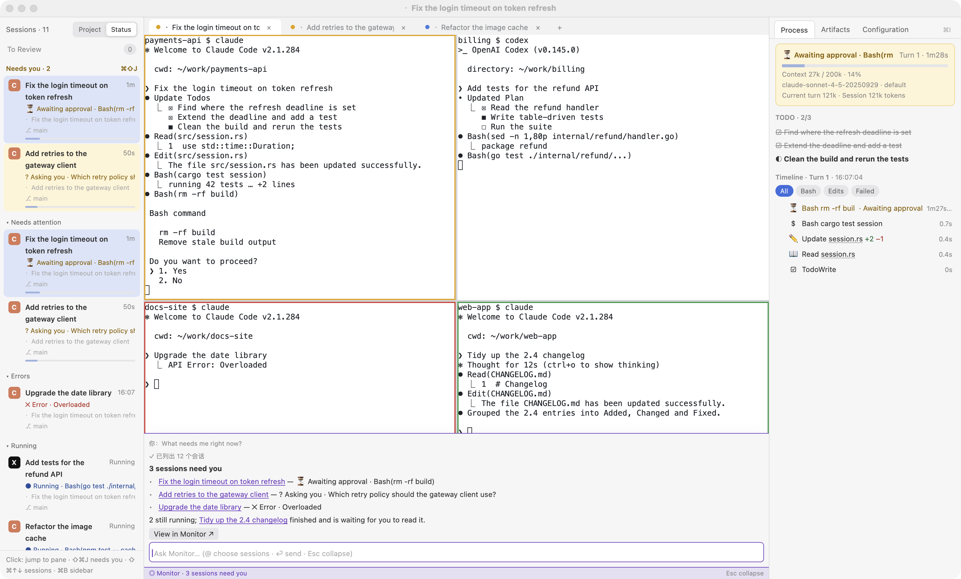 Six sessions in one window: awaiting approval, asking, running, errored and done, with the inspector timeline and the Monitor command bar.